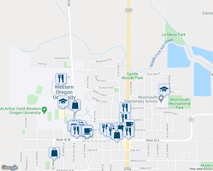 map of restaurants, bars, coffee shops, grocery stores, and more near 318 Suzana Avenue East in Monmouth
