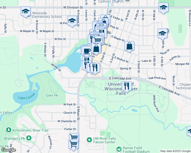 map of restaurants, bars, coffee shops, grocery stores, and more near 456 Spruce St in River Falls