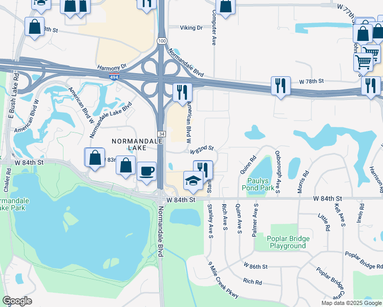 map of restaurants, bars, coffee shops, grocery stores, and more near 5277 West 82nd Street in Bloomington