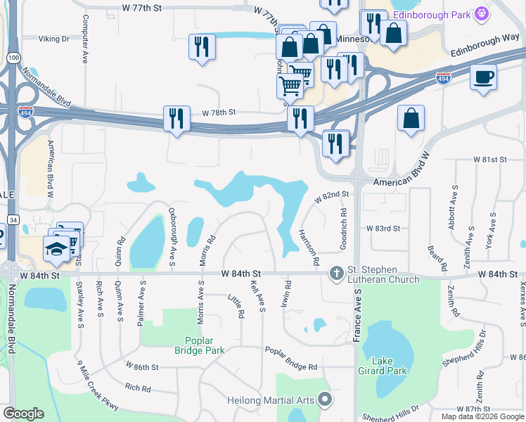 map of restaurants, bars, coffee shops, grocery stores, and more near 8215 Johnson Circle in Minneapolis