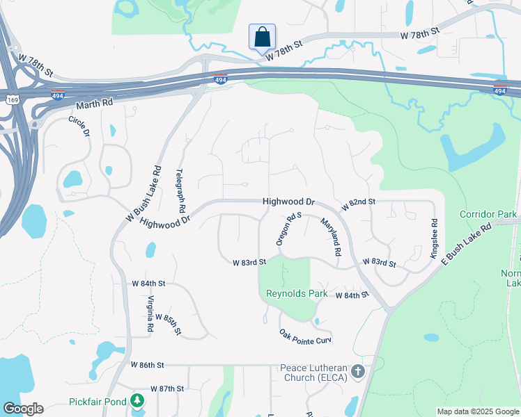 map of restaurants, bars, coffee shops, grocery stores, and more near 8200 Pennsylvania Road in Bloomington