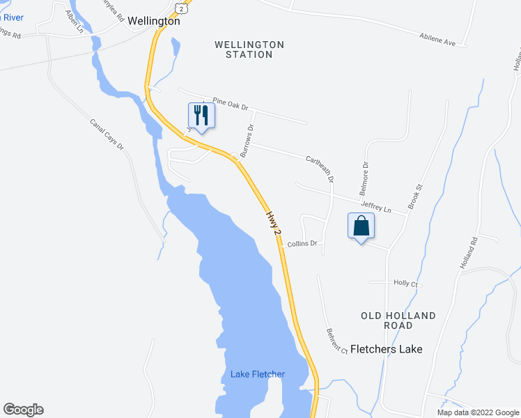 map of restaurants, bars, coffee shops, grocery stores, and more near 4215 Highway 2 in Wellington