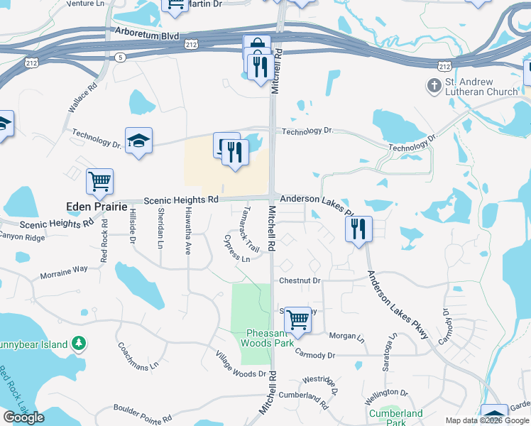 map of restaurants, bars, coffee shops, grocery stores, and more near 8210 Mitchell Road in Eden Prairie