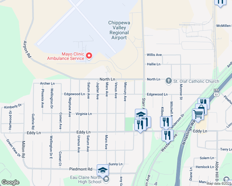 map of restaurants, bars, coffee shops, grocery stores, and more near 3204 Venus Avenue in Eau Claire