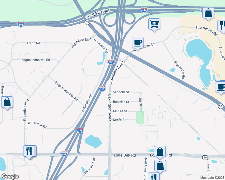 map of restaurants, bars, coffee shops, grocery stores, and more near 2816 Lexington Avenue South in Eagan