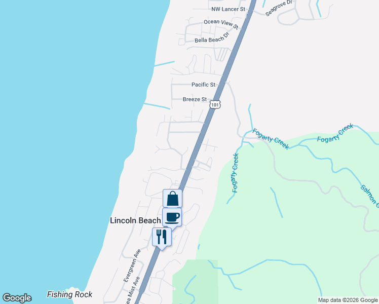 map of restaurants, bars, coffee shops, grocery stores, and more near 40 Ridge Place in Depoe Bay