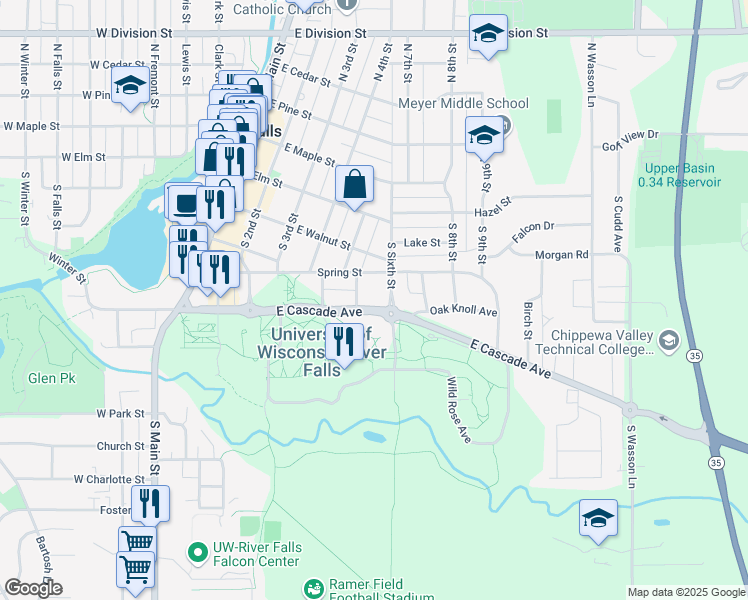 map of restaurants, bars, coffee shops, grocery stores, and more near 410 5th Street in River Falls