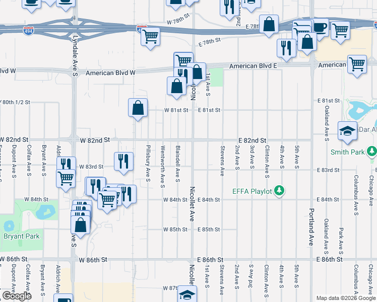 map of restaurants, bars, coffee shops, grocery stores, and more near 8219 Blaisdell Avenue South in Minneapolis