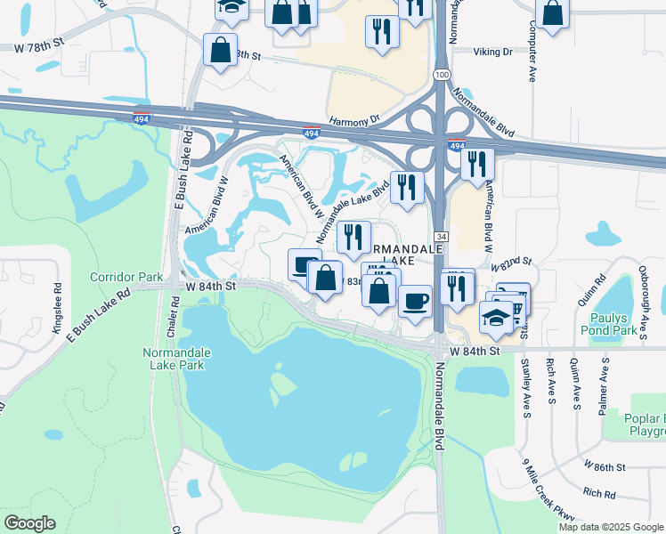map of restaurants, bars, coffee shops, grocery stores, and more near 5600 West 83rd Street in Bloomington