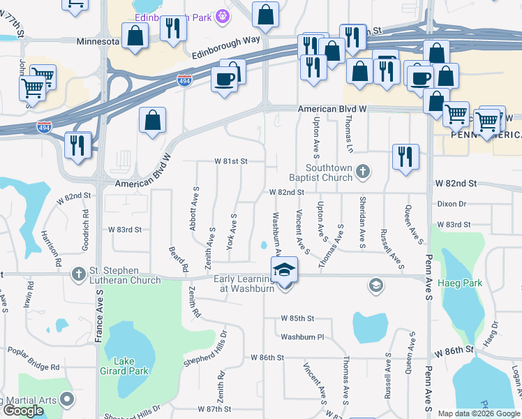 map of restaurants, bars, coffee shops, grocery stores, and more near 8209 Xerxes Avenue South in Minneapolis