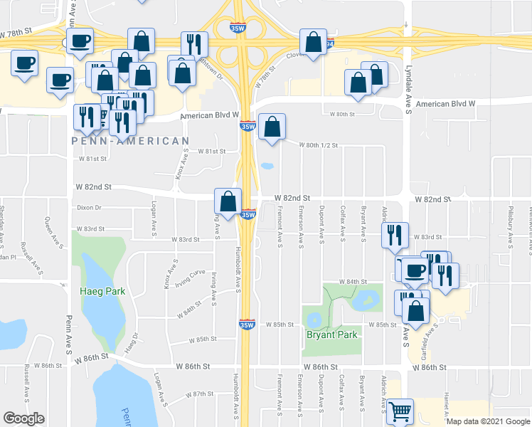 map of restaurants, bars, coffee shops, grocery stores, and more near 1311 West 82nd Street in Minneapolis