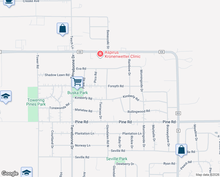 map of restaurants, bars, coffee shops, grocery stores, and more near 1907 Forsyth Road in Mosinee