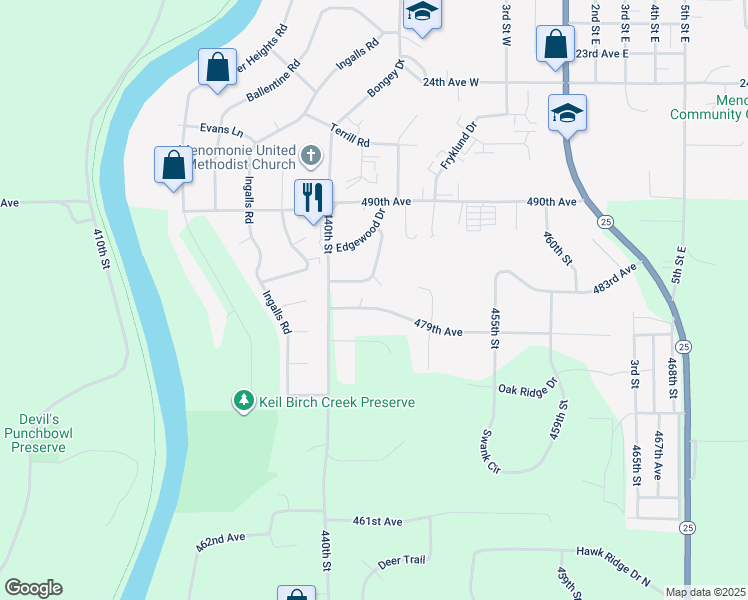 map of restaurants, bars, coffee shops, grocery stores, and more near E4433 479th Avenue in Menomonie