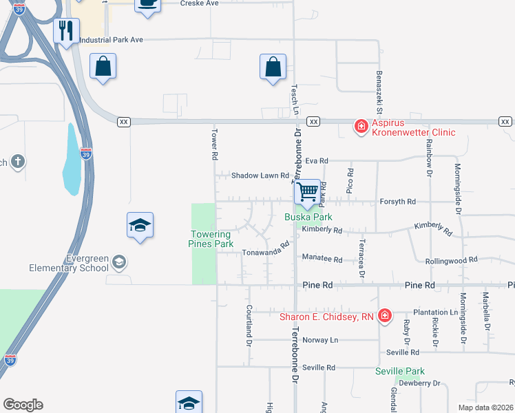 map of restaurants, bars, coffee shops, grocery stores, and more near 1749 Forsyth Road in Mosinee