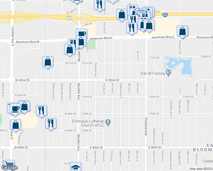 map of restaurants, bars, coffee shops, grocery stores, and more near 8213 2nd Avenue South in Minneapolis