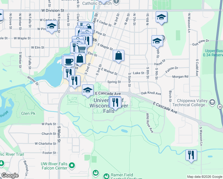 map of restaurants, bars, coffee shops, grocery stores, and more near 420 South 4th Street in River Falls
