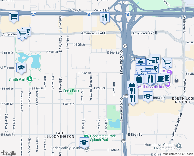 map of restaurants, bars, coffee shops, grocery stores, and more near 8214 16th Avenue South in Bloomington