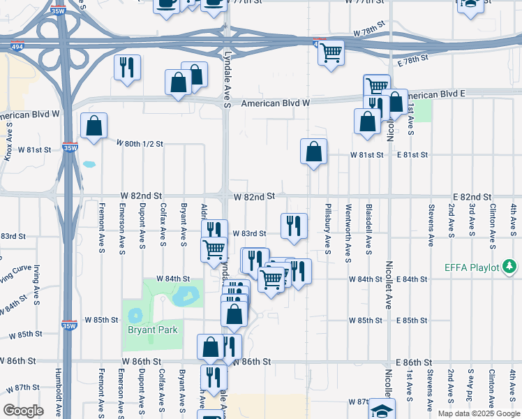 map of restaurants, bars, coffee shops, grocery stores, and more near 8208 Harriet Avenue in Bloomington