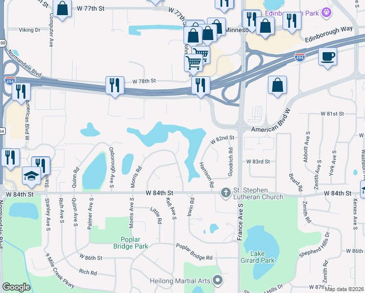 map of restaurants, bars, coffee shops, grocery stores, and more near 8215 Johnson Circle in Minneapolis