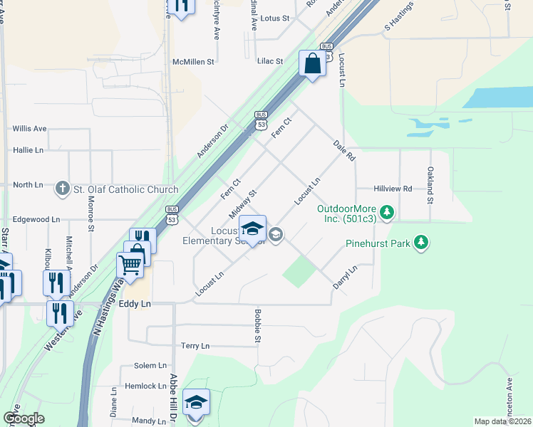map of restaurants, bars, coffee shops, grocery stores, and more near 3226 Potter Road in Eau Claire