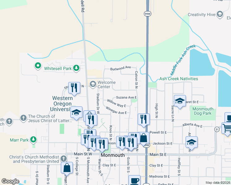 map of restaurants, bars, coffee shops, grocery stores, and more near 198 Suzana Avenue East in Monmouth