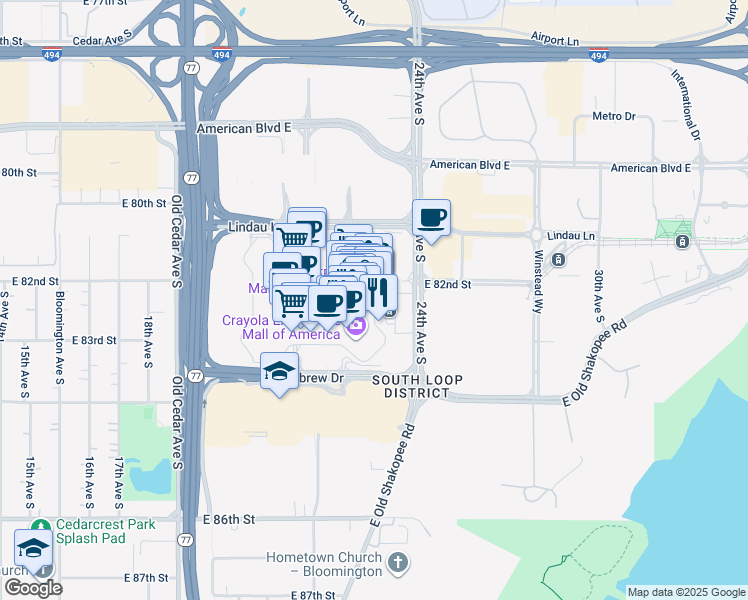 map of restaurants, bars, coffee shops, grocery stores, and more near East Broadway in Bloomington