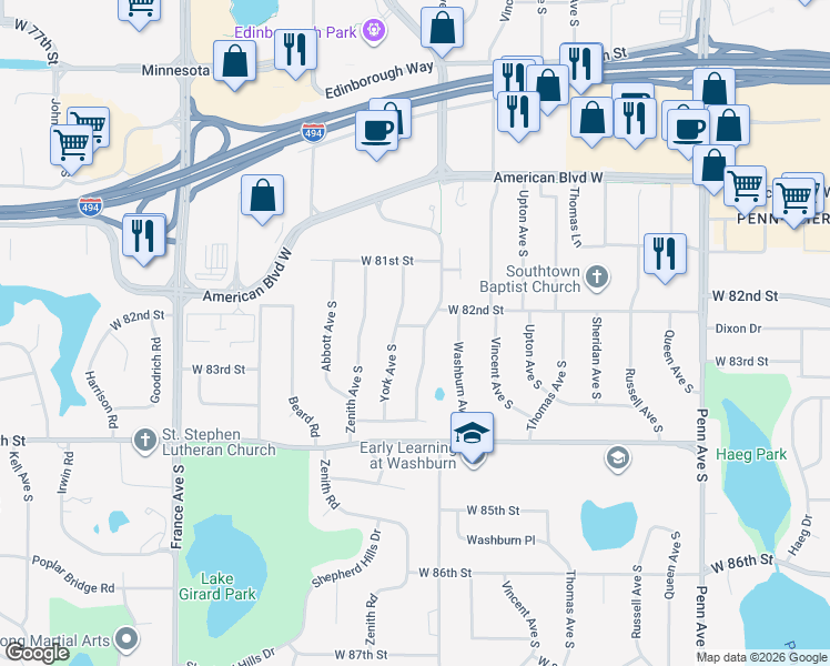 map of restaurants, bars, coffee shops, grocery stores, and more near 8209 Xerxes Avenue South in Minneapolis