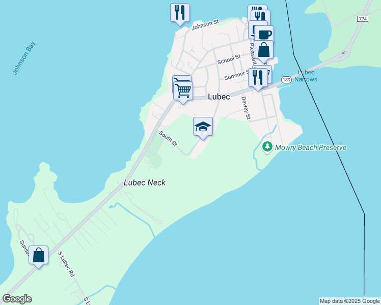 map of restaurants, bars, coffee shops, grocery stores, and more near 44 South Street in Lubec