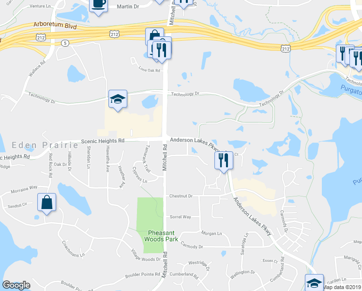 map of restaurants, bars, coffee shops, grocery stores, and more near 14371 Wilson Drive in Eden Prairie