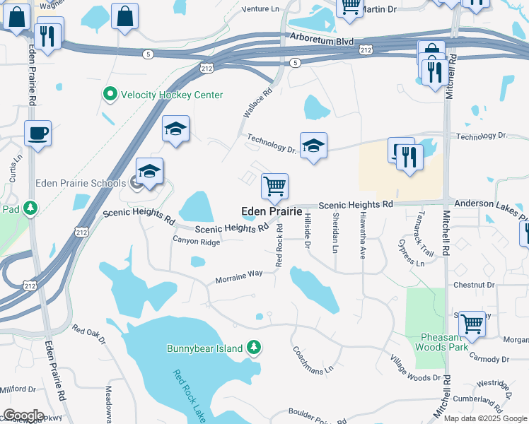 map of restaurants, bars, coffee shops, grocery stores, and more near 15200 Scenic Heights Road in Eden Prairie