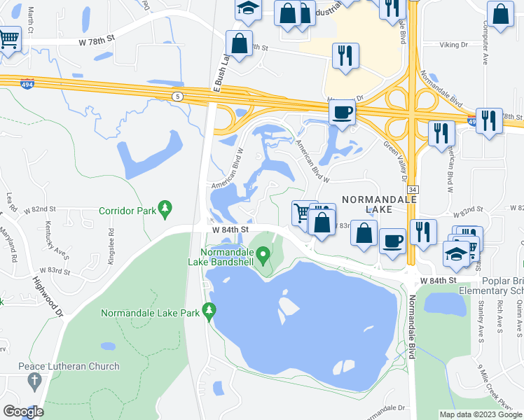map of restaurants, bars, coffee shops, grocery stores, and more near 6000 West 84th Street in Minneapolis