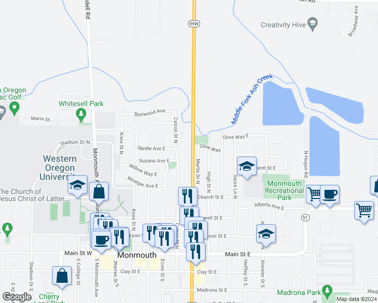 map of restaurants, bars, coffee shops, grocery stores, and more near 599 Catron Street North in Monmouth