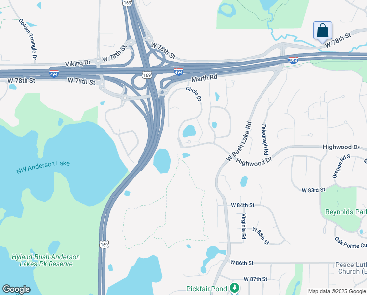 map of restaurants, bars, coffee shops, grocery stores, and more near 8000 Parkview Lane in Bloomington