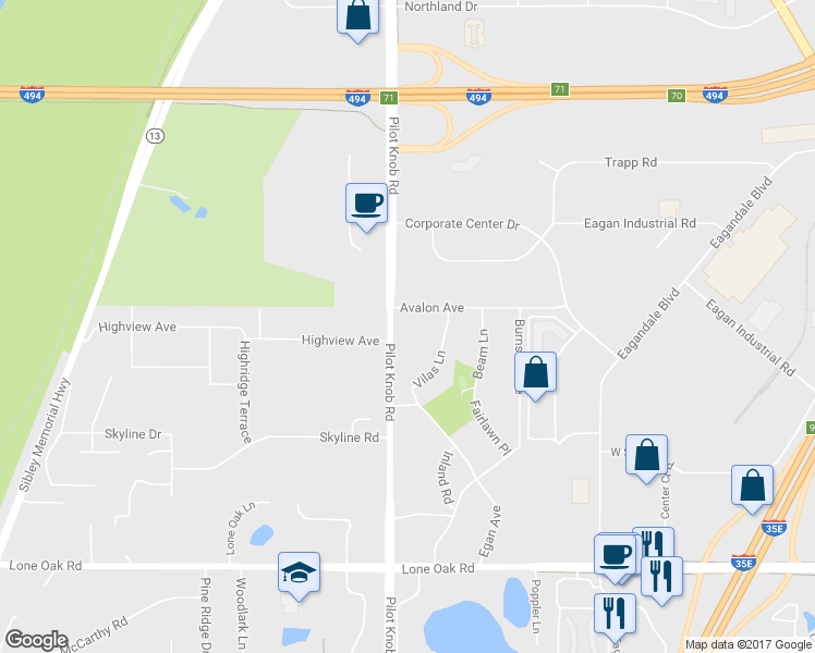 map of restaurants, bars, coffee shops, grocery stores, and more near 2820 Pilot Knob Road in Eagan