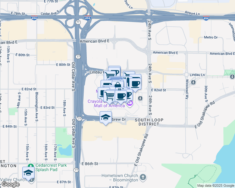 map of restaurants, bars, coffee shops, grocery stores, and more near 60 East Broadway in Bloomington