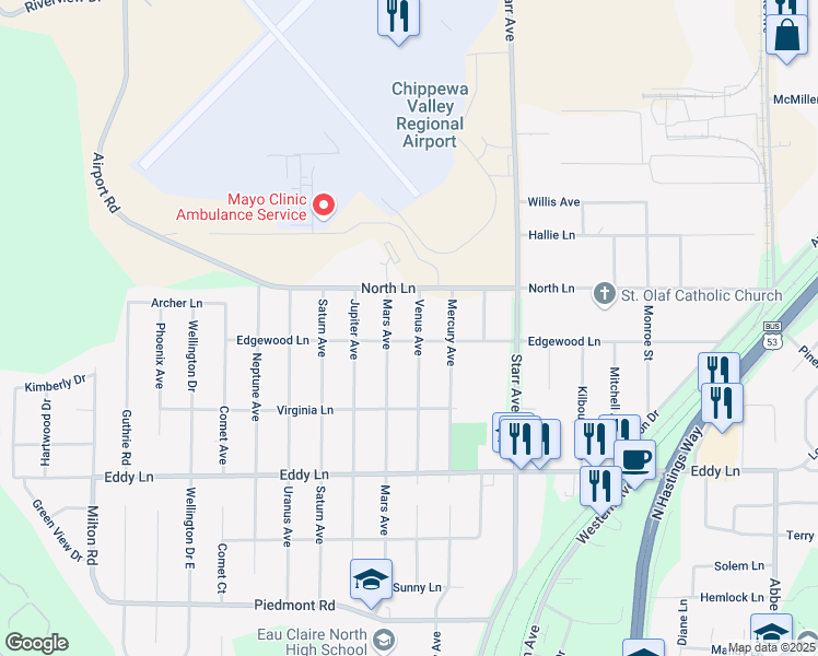 map of restaurants, bars, coffee shops, grocery stores, and more near 3204 Venus Avenue in Eau Claire