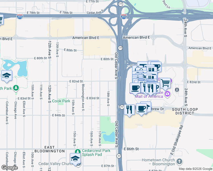 map of restaurants, bars, coffee shops, grocery stores, and more near 8208 18th Avenue South in Bloomington
