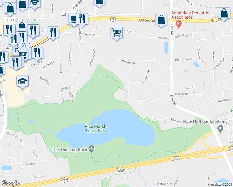 map of restaurants, bars, coffee shops, grocery stores, and more near 19014 Firethorn Point in Eden Prairie