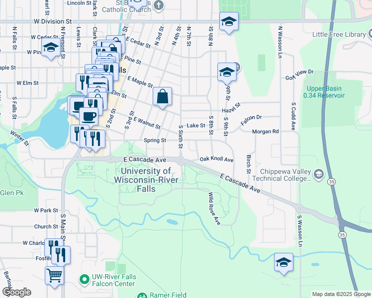 map of restaurants, bars, coffee shops, grocery stores, and more near 430 South Sixth Street in River Falls