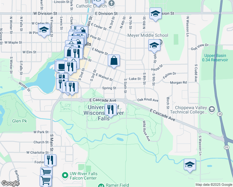 map of restaurants, bars, coffee shops, grocery stores, and more near 410 5th Street in River Falls