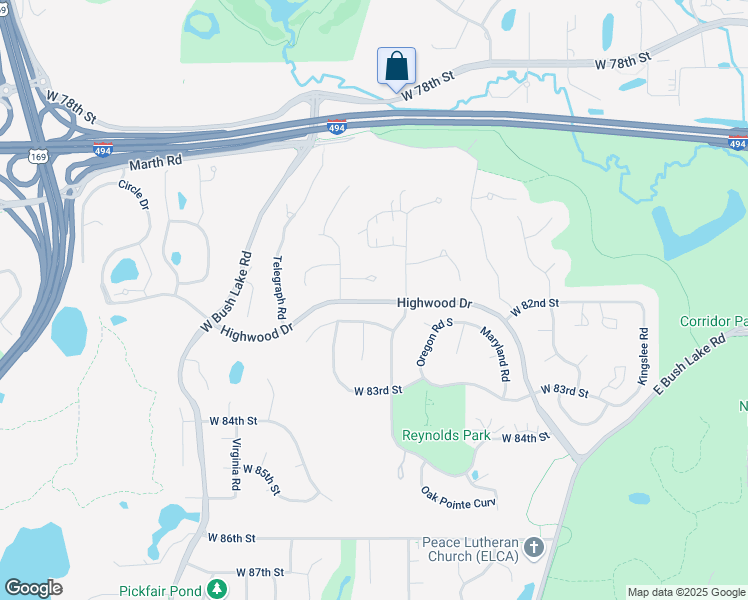 map of restaurants, bars, coffee shops, grocery stores, and more near 8200 Pennsylvania Road in Bloomington