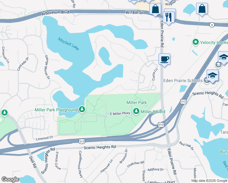 map of restaurants, bars, coffee shops, grocery stores, and more near 16977 Weston Bay Road in Eden Prairie