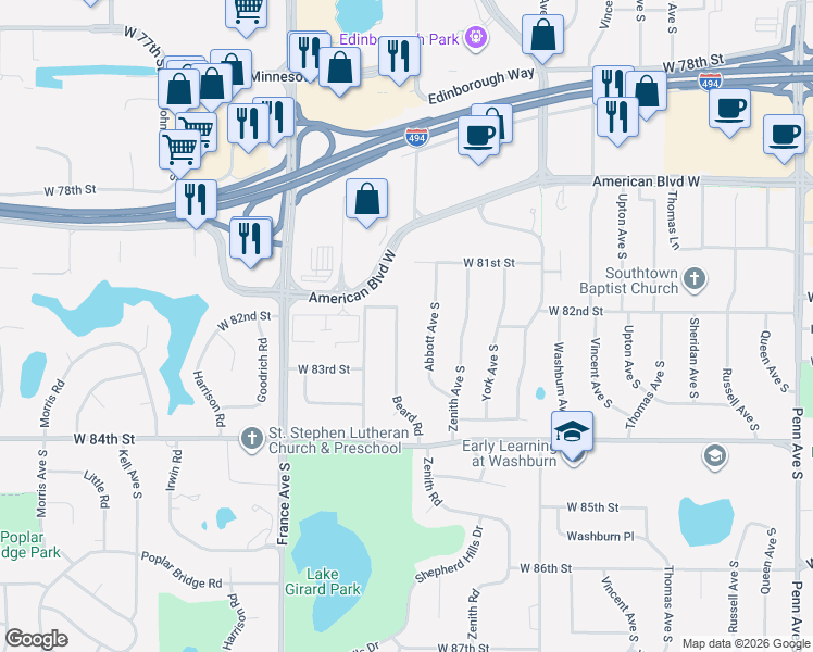 map of restaurants, bars, coffee shops, grocery stores, and more near 8208 Abbott Avenue South in Minneapolis