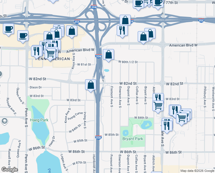 map of restaurants, bars, coffee shops, grocery stores, and more near 1311 West 82nd Street in Minneapolis