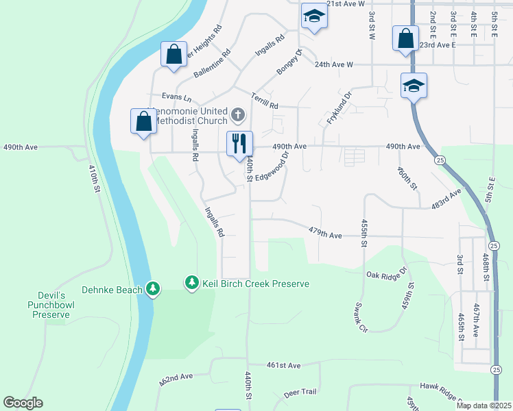 map of restaurants, bars, coffee shops, grocery stores, and more near 3038 Timber Terrace in Menomonie