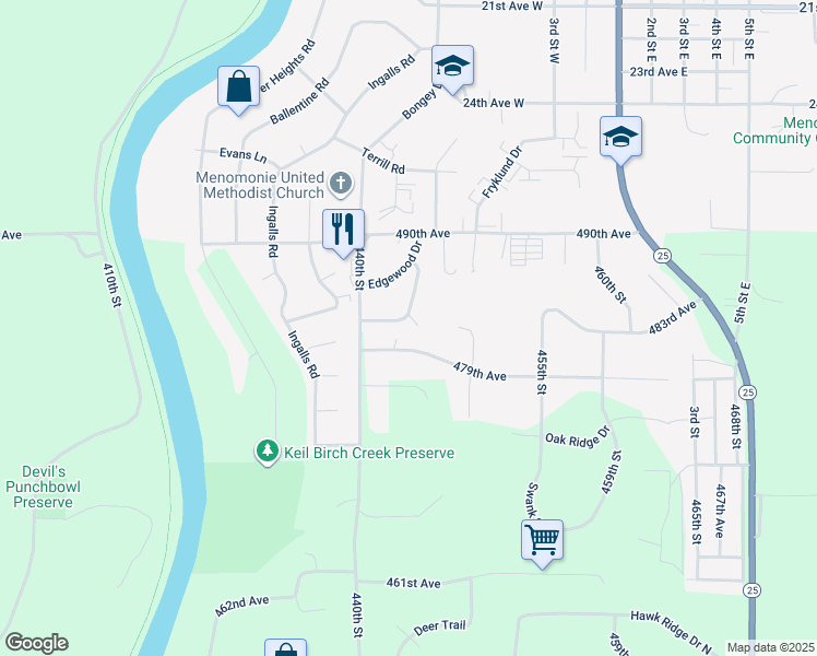 map of restaurants, bars, coffee shops, grocery stores, and more near E4433 479th Avenue in Menomonie