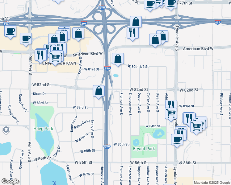 map of restaurants, bars, coffee shops, grocery stores, and more near 1311 West 82nd Street in Minneapolis