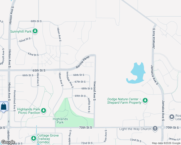 map of restaurants, bars, coffee shops, grocery stores, and more near 6649 Inskip Avenue South in Cottage Grove
