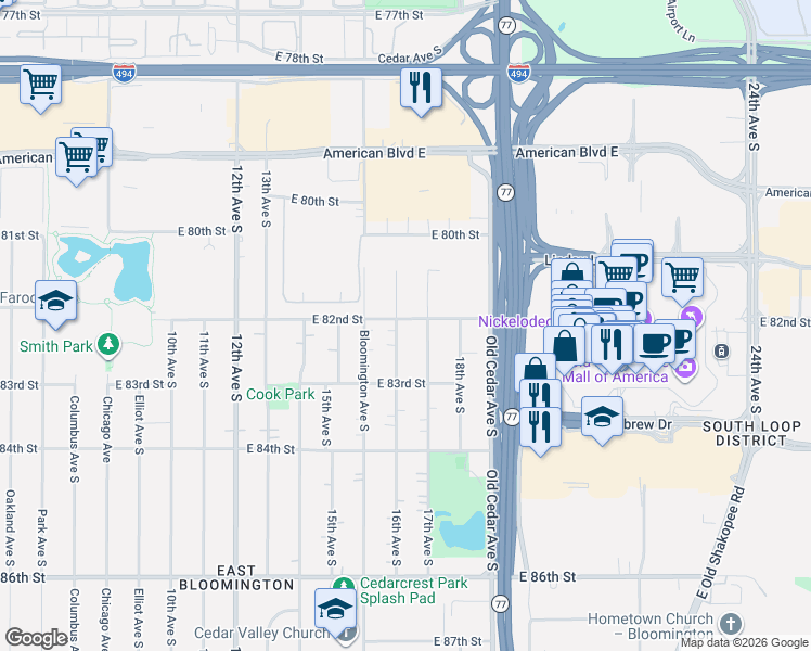 map of restaurants, bars, coffee shops, grocery stores, and more near 8214 16th Avenue South in Bloomington