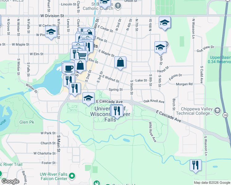 map of restaurants, bars, coffee shops, grocery stores, and more near 420 South 4th Street in River Falls